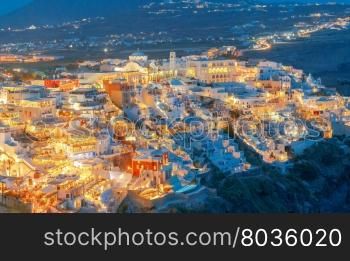 View of the town Fira in the night light. Santorini.