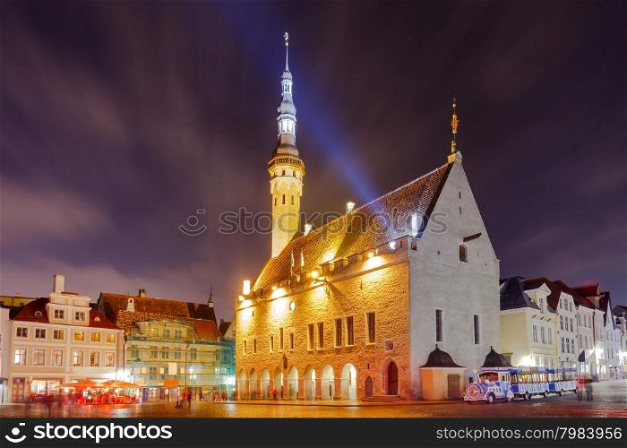 View of the Town Hall Square and the Town Hall in Tallinn at night.. Tallinn. Town Hall Square.