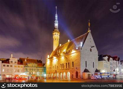 View of the Town Hall Square and the Town Hall in Tallinn at night.. Tallinn. Town Hall Square.