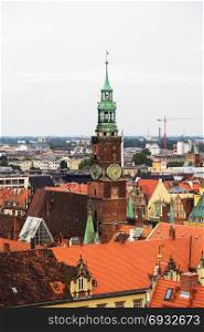 View of the town hall tower with the height. Wroclaw. Poland