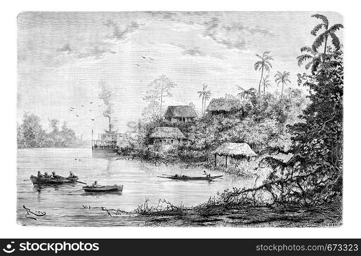 View of the Town of Cuembi along the Ica River in Amazonas, Brazil, drawing by Riou from a photograph, vintage engraved illustration. Le Tour du Monde, Travel Journal, 1881