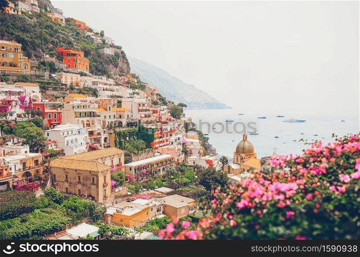 View of the town of Positano with flowers on Amalfi coast. View of the town of Positano with flowers