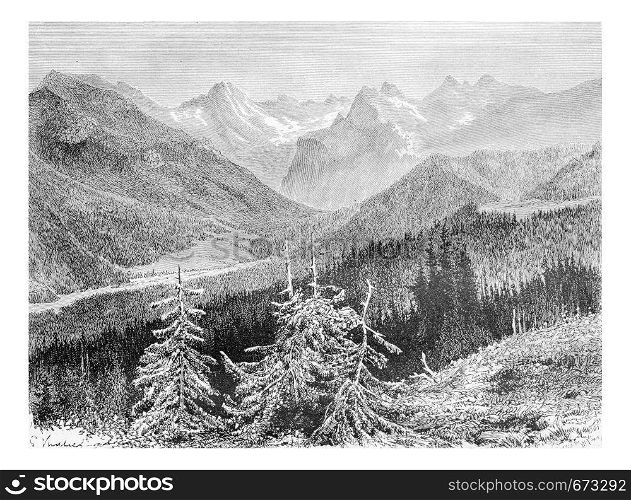 View of the Trzy Korony Massif and the Valley of the White Water in Pieniny Mountains, Poland, drawing by G. Vuillier, from a photograph by Dr. Gustave le Bon, vintage engraved illustration. Le Tour du Monde, Travel Journal, 1881