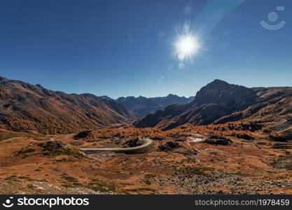 View of the valley on the Swiss Alps from the Bernina pass