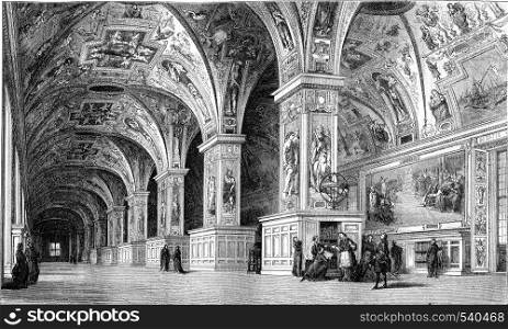 View of the Vatican Library in the eighteenth century, vintage engraved illustration. Magasin Pittoresque 1857.
