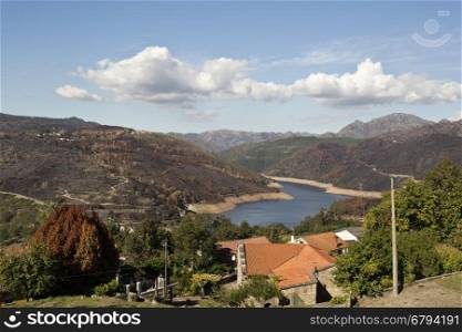 View of the village of Lindoso and the reservoir of the Alto Lindoso Dam on the Lima River, Portugal
