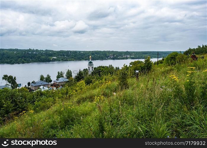 View of the Volga River from Levitan Mountain on a summer cloudy day, Plyos, Ivanovo Region, Russia.