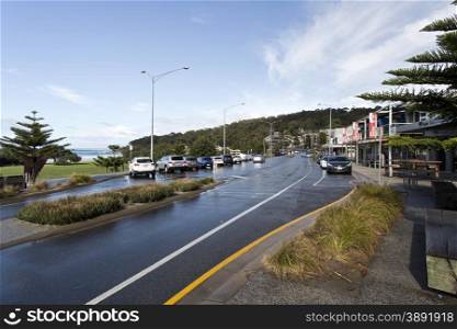 View of the waterfront street in Lorne, on the Great Ocean Road, Victoria