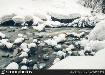 View of the winter mountain river, blurred by a slow shutter speed