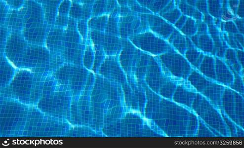 View of tiled pool bottom through rippling water.