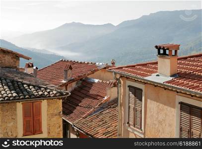 View of tiled roofs in mountain village