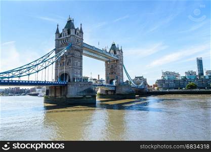 view of Tower Bridge over the River Thames, London, UK, England, selective focus