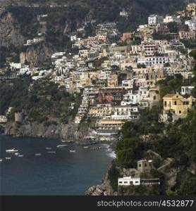 View of town at coast, Amalfi Coast, Salerno, Campania, Italy