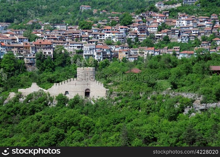 View of Trapezitsa Hill with the medieval fortress and residential area in the background in Veliko Tarnovo in Bulgaria