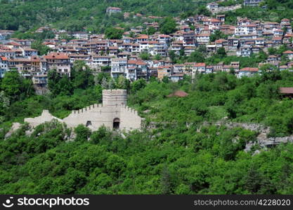 View of Trapezitsa Hill with the medieval fortress and residential area in the background in Veliko Tarnovo in Bulgaria