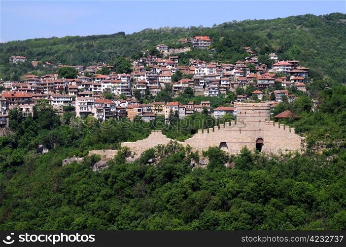 View of Trapezitsa hill with the medieval fortress and residential area in the background