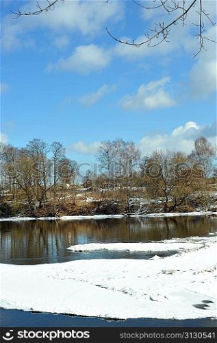 View of trees, snow, ice and river on winter day