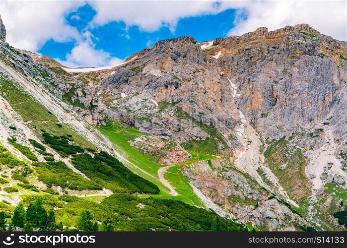 View of trekking route in the Dolomites at Falzarego Pass in the Province of Belluno in Italy
