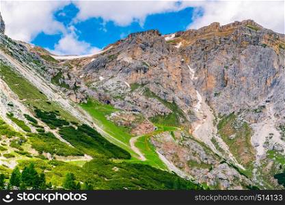 View of trekking route in the Dolomites at Falzarego Pass in the Province of Belluno in Italy
