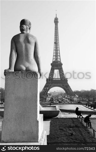 View of Trocadero and Eiffel tower in Paris. Black and white image
