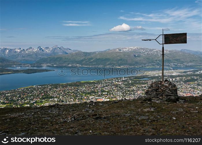 View of Tromso and mountains seen from the top of a mountain, Norway. View of Tromso and mountains, Norway