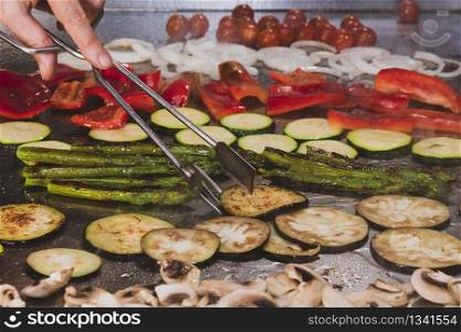 view of vegetables roast on a spanish grill .lifestyle and healthy concept. various vegetables roast on a spanish grill