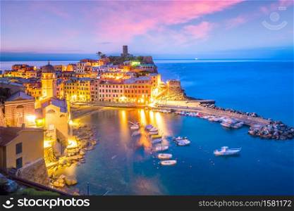 View of Vernazza at sunset. One of five famous colorful villages of Cinque Terre National Park in Italy