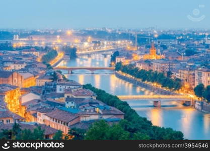 View of Verona from the top of the hill of St. Peter on the Sunset.. Verona. Aerial view of the sunset.