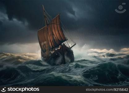 view of viking ship sailing past stormy sea, with lightning and waves in the background, created with generative ai. view of viking ship sailing past stormy sea, with lightning and waves in the background
