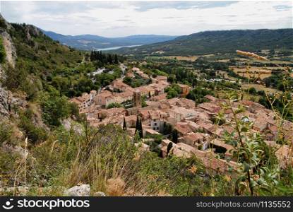 view of village of southern France with red roofs