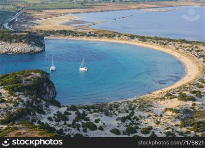 View of Voidokilia beach in the Peloponnese region of Greece, from the Palaiokastro (old Navarino Castle).. View of Voidokilia beach in the Peloponnese region of Greece, from the Palaiokastro