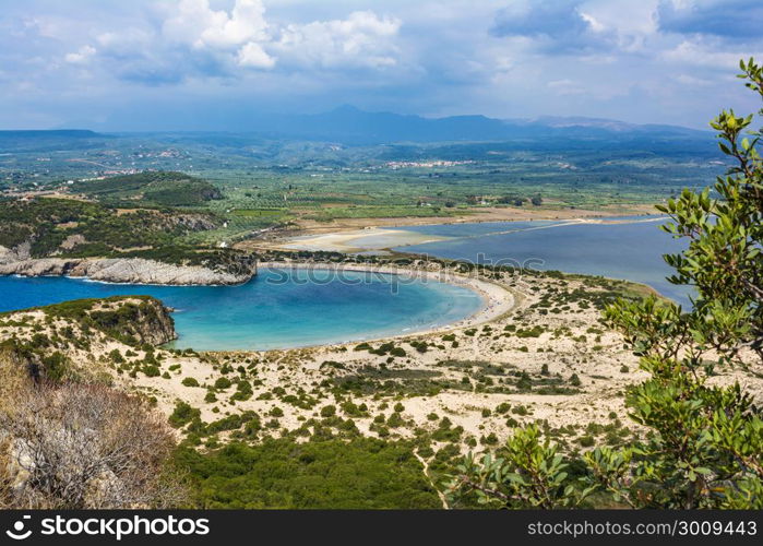 View of Voidokilia beach in the Peloponnese region of Greece, from the Palaiokastro. View of Voidokilia beach in the Peloponnese region of Greece, from the Palaiokastro (old Navarino Castle).