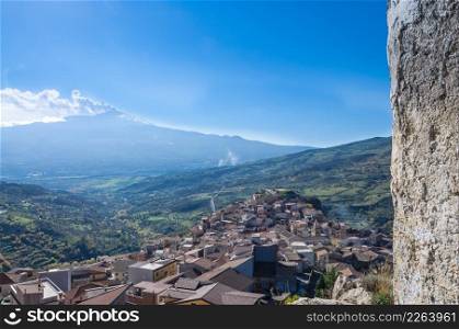 View of volcano Etna from a small Sicilian village