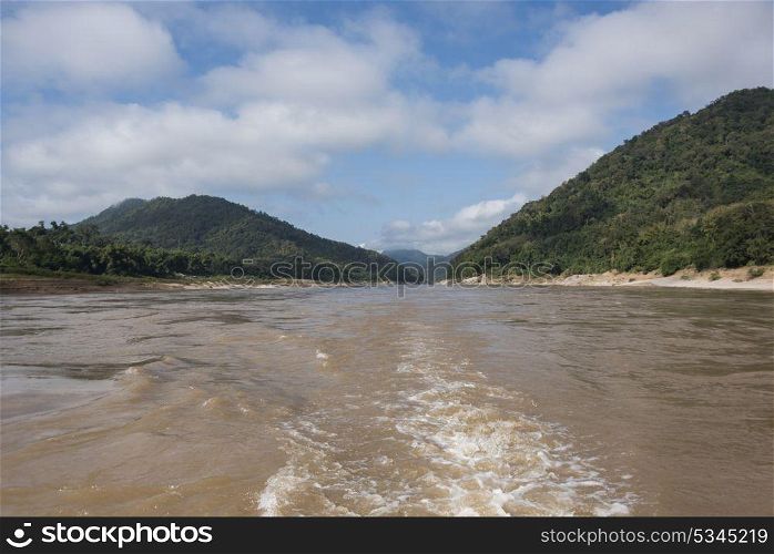 View of wake of water in the River Mekong, Laos