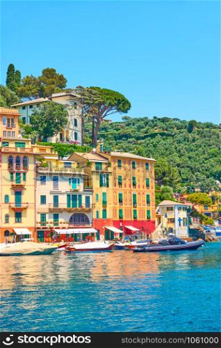 View of waterfront in Portofino - luxury resort on the Italian riviera in Liguria, Italy