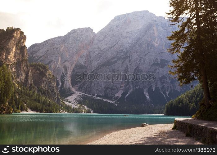 view of well-known tyrolean lake lago di Braies, Dolomites. Italy