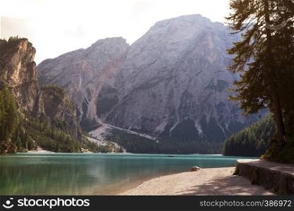 view of well-known tyrolean lake lago di Braies, Dolomites. Italy
