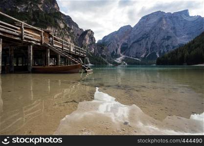 view of well-known tyrolean lake lago di Braies Dolomites Italy