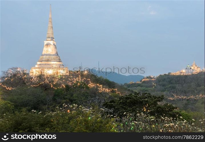 View of white pagoda on top of hill at Nakhon Khiri Palace in Petchaburi, Thailand