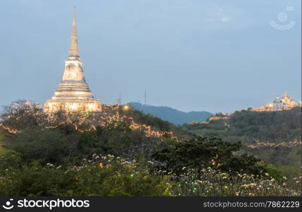 View of white pagoda on top of hill at Nakhon Khiri Palace in Petchaburi, Thailand