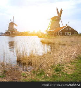 view of wind mills in Zaanse Schans, Netherlands