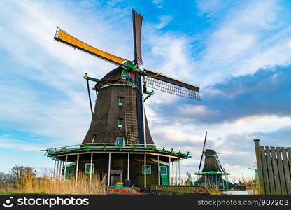 View of windmills at Zaanse Schans Village in Netherland