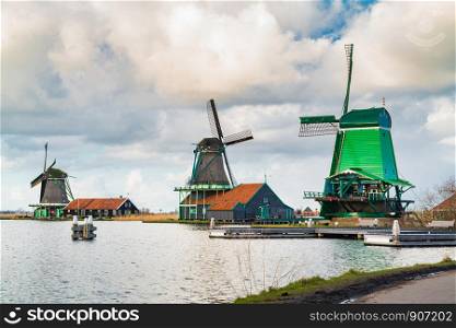 View of windmills in the typical dutch village at Zaanse Schans in Netherlands