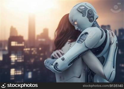 View of Woman Hug with AI Robot For Futuristic Love Between Ronot and Human Concept Created with Generative AI Technology