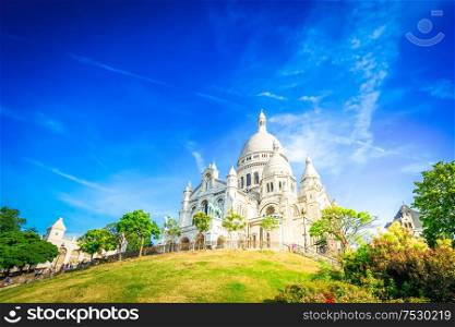 view of world famous Sacre Coeur church at summer, Paris, France, toned. Sacre Coeur church, Paris