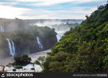 view of worldwide known Iguassu falls at the border of Brazil and Argentina