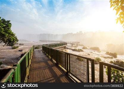 view of worldwide known Iguassu falls at the border of Brazil and Argentina. observation deck  