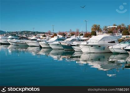 View of yachts in Marina of Cannes, French Riviera, France