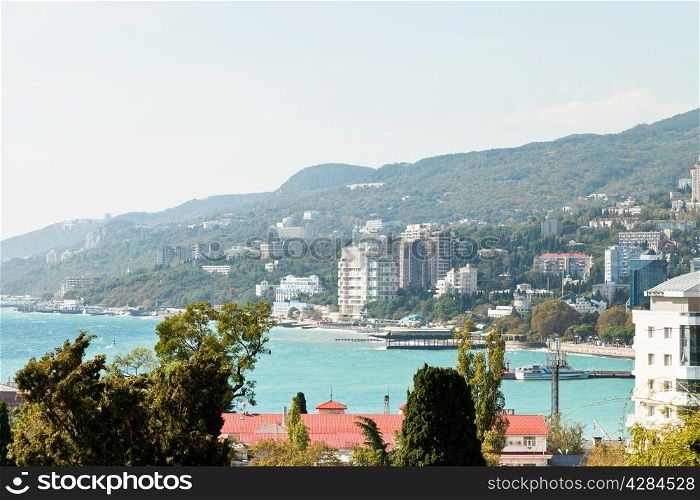 view of Yalta city seafront in autumn day