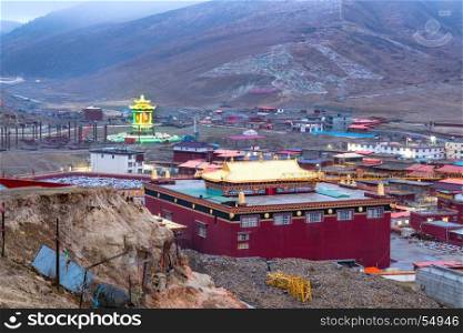 View of Yarchen Gar Monastery in Sichuan at twilight